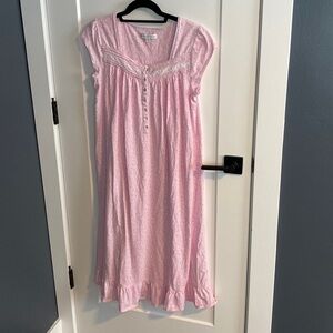 Eileen West Pink Floral Cap Sleeve Nightgown Lace Button Yoke EUC